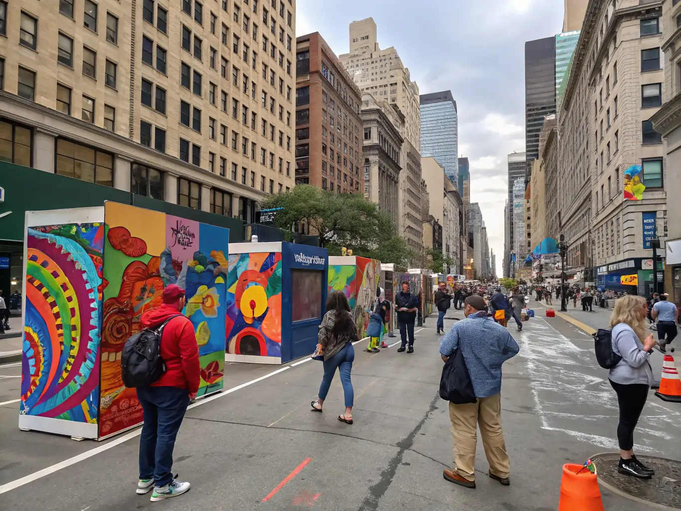 A dynamic photograph of an urban typography exhibition, featuring innovative designs and installations in a public space.