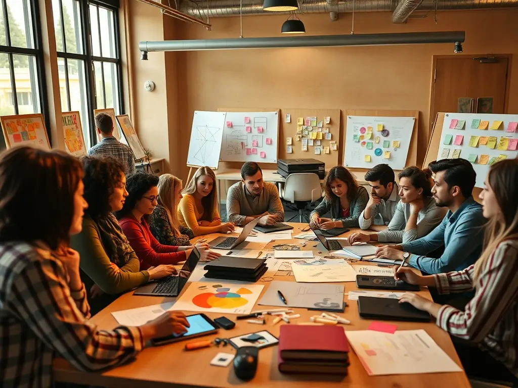 A vibrant photograph capturing participants actively engaged in a graphic design workshop, showcasing hands-on learning and creative collaboration.