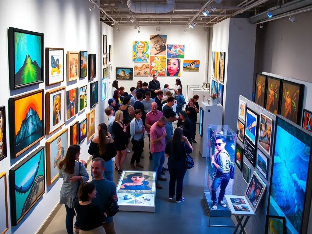 A vibrant gallery space filled with diverse graphic art pieces, visitors engaging with artworks, showcasing QUALITE FEROCE's commitment to exhibitions.